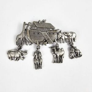Vintage Signed JJ Jonette Jewelry ~ Noahs Ark Brooch Pin Dangle Animals